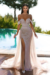 Luxurious Long Off-the-Shoulder Tulle Ruffles Mermaid Evening Prom Dress with Slit